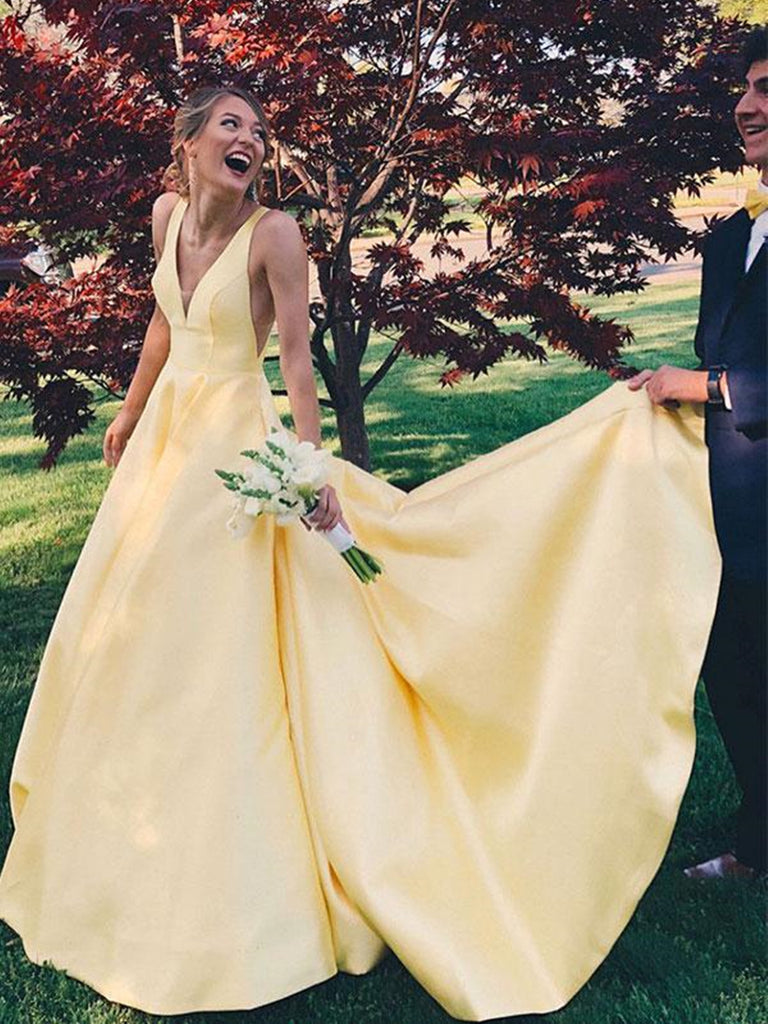 A Line V Neck Yellow Satin Long Prom Dresses, V Neck Backless Yellow W morievent A Line V Neck Yellow Satin Long Prom Dresses, V Neck Backless Yellow W morievent