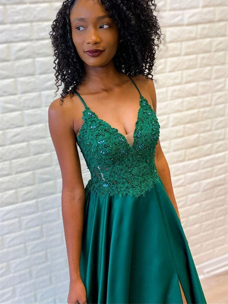 A Line V Neck Emerald Green Spaghetti Straps Lace Appliques Prom Dresses, Lace Emerald Green Formal Evening Dresses