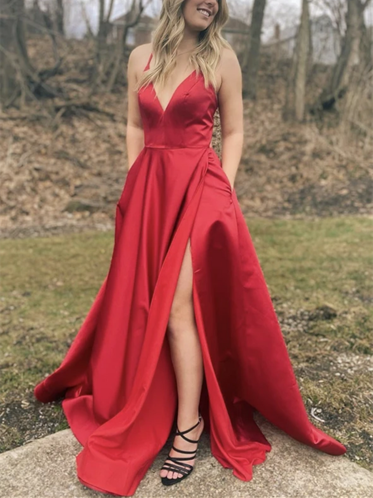 A Line V Neck Red Satin Long Prom Dresses With Leg Slit, A Line V Neck Red Satin Long Formal Evening Dresses
