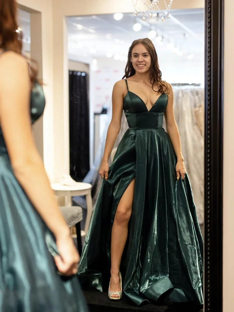 A Line V Neck Dark Green Satin Prom Dresses with Leg Slit, V Neck Dark morievent A Line V Neck Dark Green Satin Prom Dresses with Leg Slit, V Neck Dark morievent