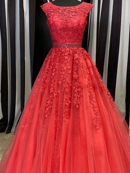 Red Round Neck Tulle Lace Long Prom Dresses, Red Round Neck Tulle Lace Long Formal Evening Dresses