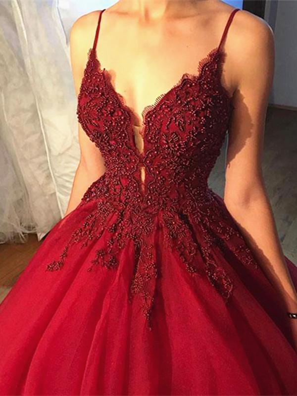 Floor Length Burgundy Tulle Formal Gown Evening Dress | LizProm