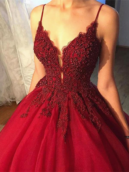 Beaded V Neck Burgundy Prom Dress with Lace Flowers, Burgundy Formal Gown