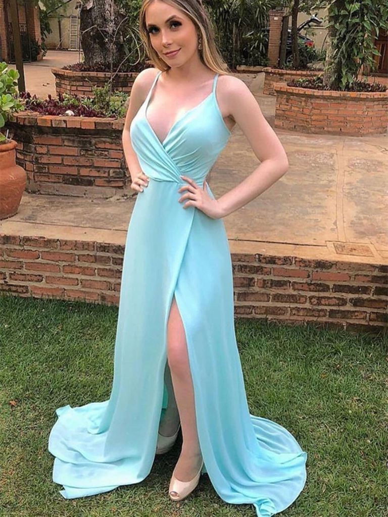 Sexy V Neck Backless Blue Long Prom Dresses with High Slit, V Neck Ope morievent Sexy V Neck Backless Blue Long Prom Dresses with High Slit, V Neck Ope morievent
