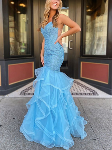 Mermaid Blue Tulle Backless Long Prom Dresses, Mermaid Blue Tulle Backless Long Formal Evening Dresses