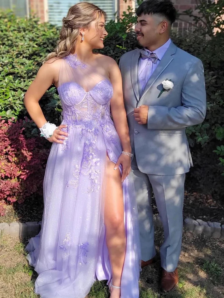 One Shoulder Purple Lace Floral Long Prom Dresses with High Slit One Shoulder Lilac Formal Dresses with 3D Flowers Purple Evening Dresses