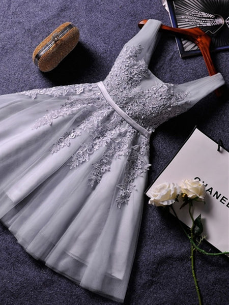 Gray Tulle Lace Short Prom Dress, Gray Tulle Lace Graduation Dress