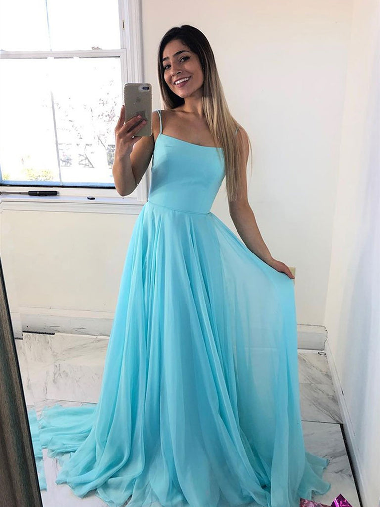 A Line Simple Blue Chiffon Long Prom Dress, Blue Chiffon Formal Evening Dress