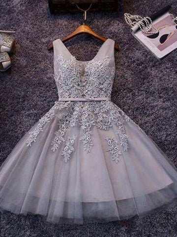 Gray Tulle Lace Short Prom Dress, Gray Tulle Lace Graduation Dress