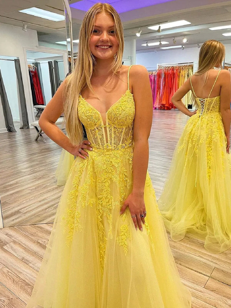 V Neck Open Back Yellow Floor Length Lace Long Prom Dresses, Spaghetti morievent V Neck Open Back Yellow Floor Length Lace Long Prom Dresses, Spaghetti morievent
