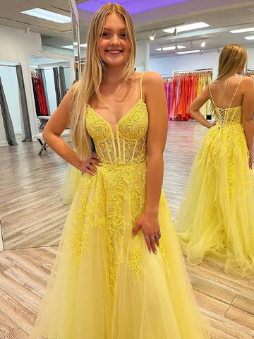 V Neck Open Back Yellow Floor Length Lace Long Prom Dresses, Spaghetti Strap Lace Formal Evening Dresses