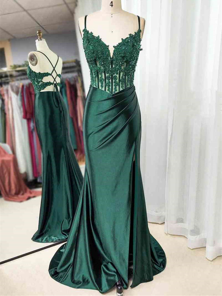 Mermaid Emerald Green Straps Ruched Prom Dress with Slit, Green Mermaid Formal Evening Dress