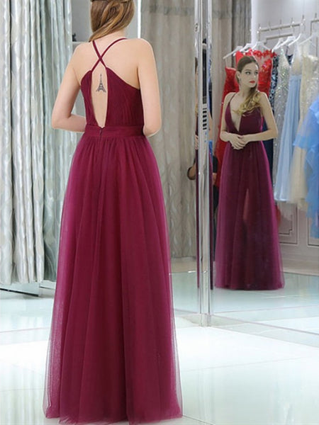 V Neck Sexy Backless Burgundy Prom Dresses With Leg Slit, Burgundy Tulle Bridesmaid Dresses, Formal Evening Dresses