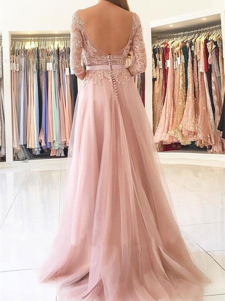 A line illusion neck lace tulle half sleeves long prom dresses, Pink lace formal evening dresses