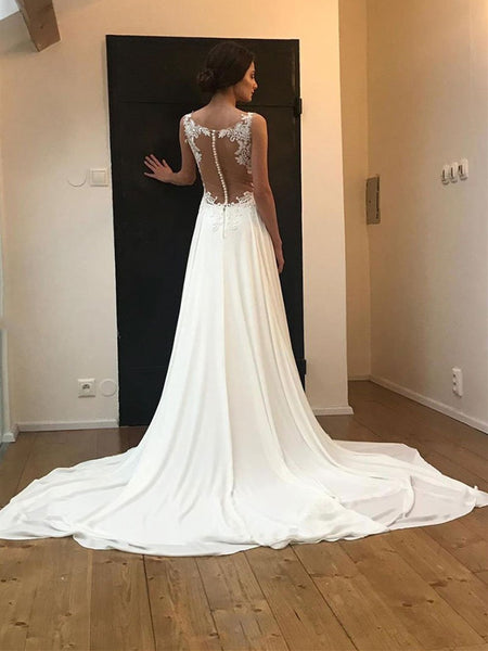 White Chiffon Lace Long Prom Dress, White Chiffon Lace Long Evening Dress