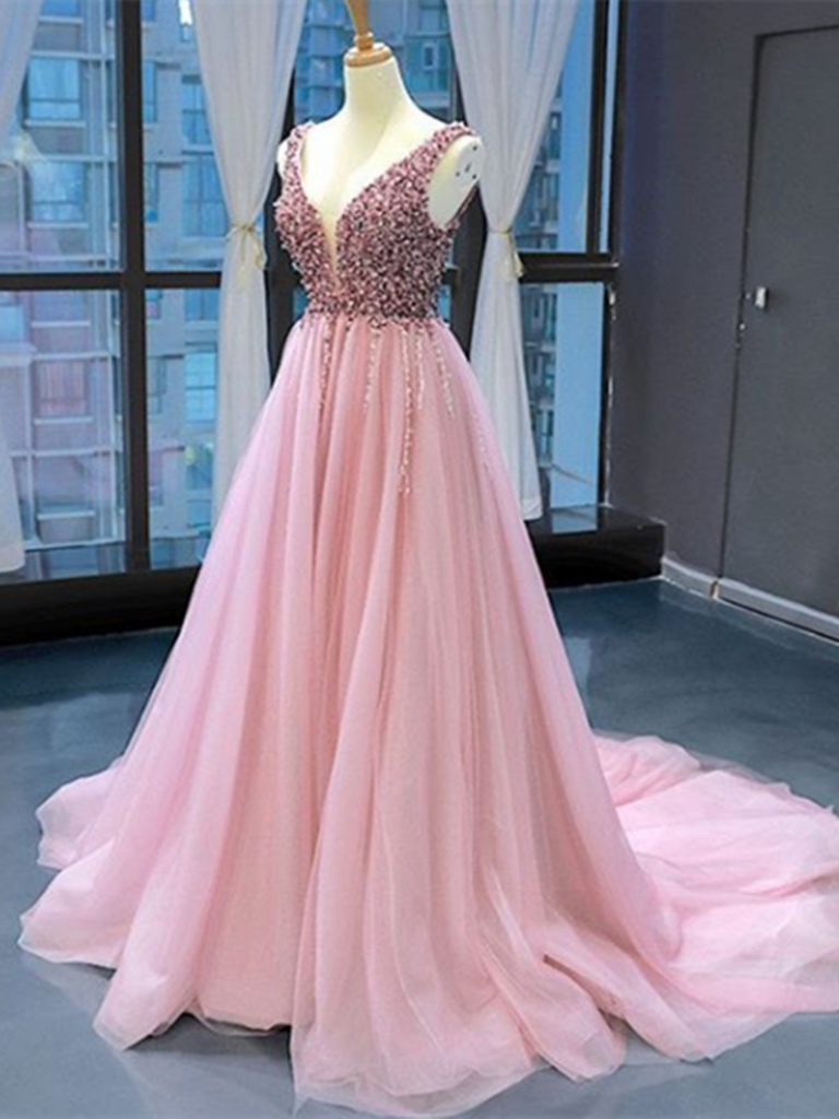 V Neck Pink Elegant Tulle Long Prom Dresses With Beaded, V Neck Pink Elegant Tulle Long Formal Evening Dresses