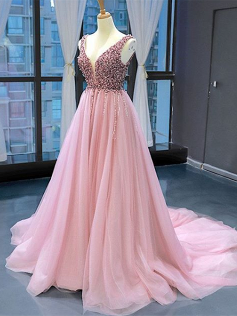 V Neck Pink Elegant Tulle Long Prom Dresses With Beaded, V Neck Pink E morievent V Neck Pink Elegant Tulle Long Prom Dresses With Beaded, V Neck Pink E morievent