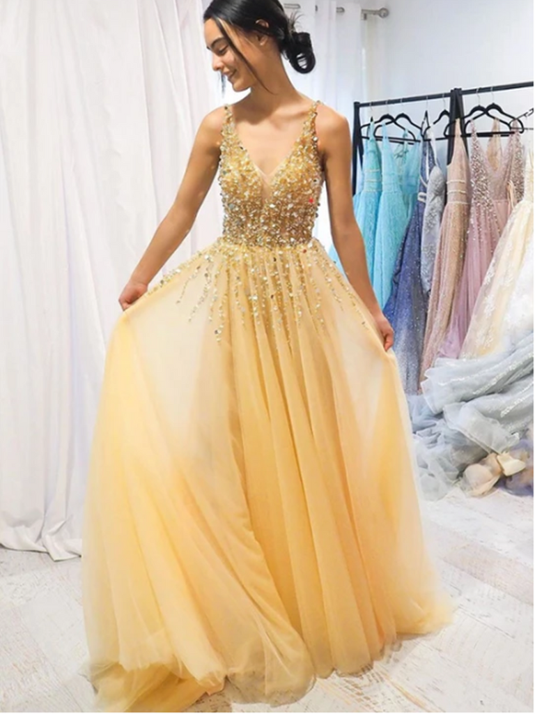 Gold V Neck Tulle Beads Long Prom Dress, Gold V Neck Tulle Beads Long morievent Gold V Neck Tulle Beads Long Prom Dress, Gold V Neck Tulle Beads Long morievent