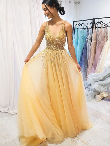 Gold V Neck Tulle Beads Long Prom Dress, Gold V Neck Tulle Beads Long Evening Dress