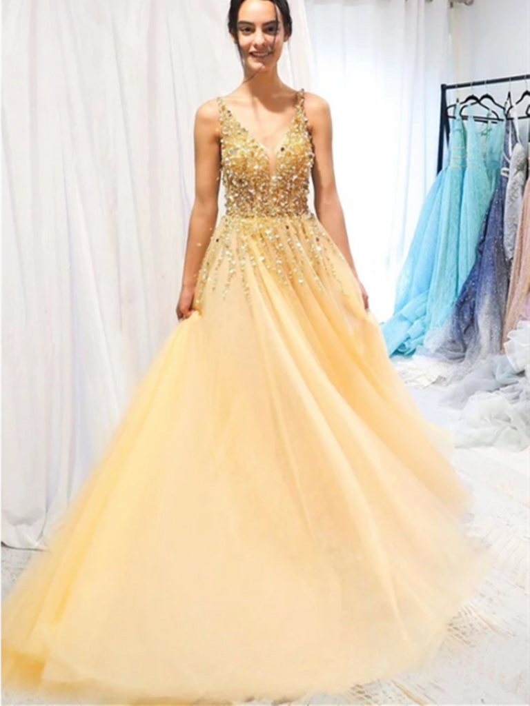 Gold V Neck Tulle Beads Long Prom Dress, Gold V Neck Tulle Beads Long morievent Gold V Neck Tulle Beads Long Prom Dress, Gold V Neck Tulle Beads Long morievent