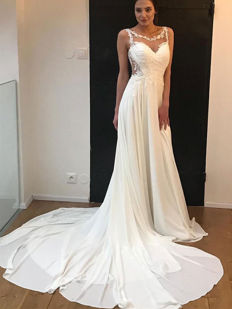 White Chiffon Lace Long Prom Dress, White Chiffon Lace Long Evening Dress