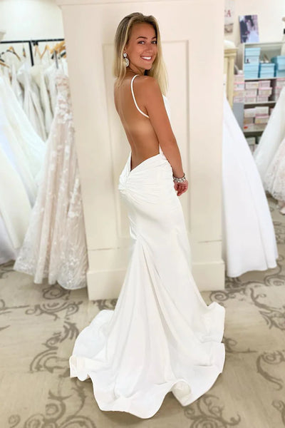 Elegant Open Back Mermaid Long Evening Dress, V Neck White Mermaid Satin Long Prom Formal Dress