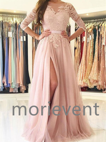 A line illusion neck lace tulle half sleeves long prom dresses, Pink lace formal evening dresses