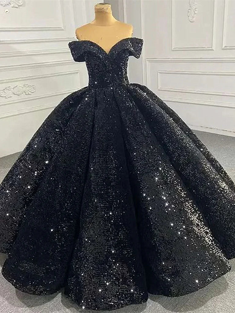 Shiny Off the Shoulder Black Prom Dresses, Shiny Off Shoulder Formal E