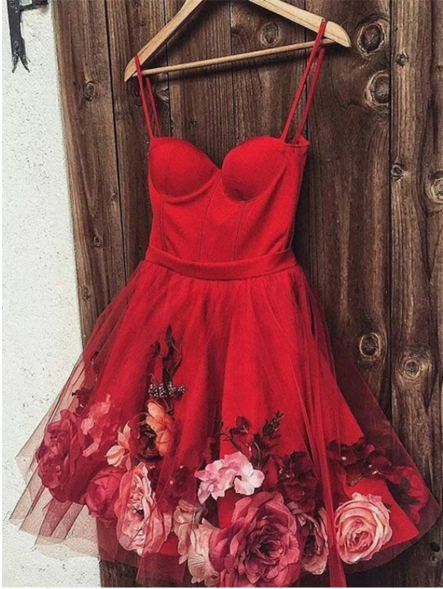  Sweetheart Neck Burgundy Short Prom Dresses with Flowers, Burgundy Homecoming Dresses