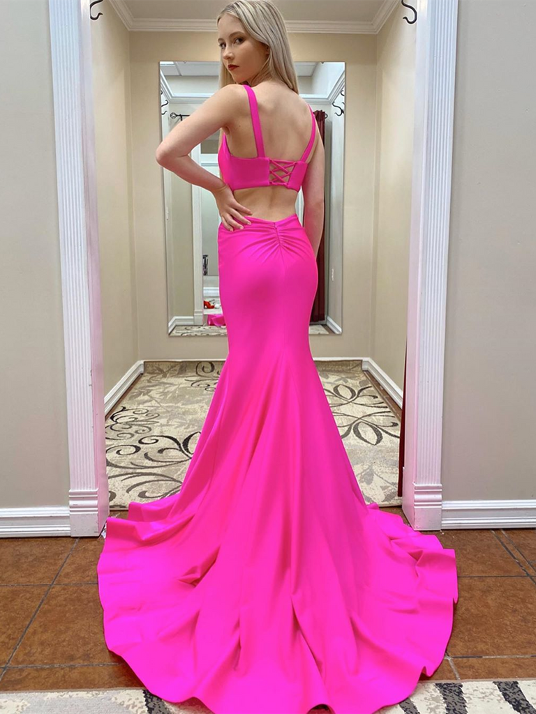 Mermaid Hot Pink 2 Pieces Long Prom Dresses, Two Pieces Mermaid Pink Formal Evening Gowns Mermaid Hot Pink 2 Pieces Long Prom Dresses, Two Pieces Mermaid Pink Formal Evening Gowns