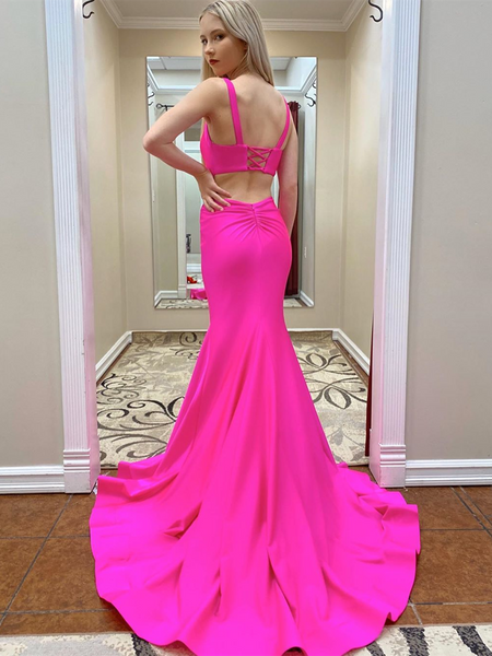 Mermaid Hot Pink 2 Pieces Long Prom Dresses, Two Pieces Mermaid Pink Formal Evening Gowns