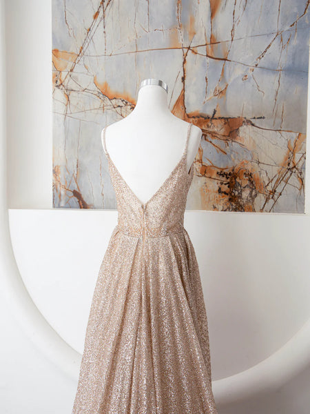 Champagne Spaghetti Strap Sequins Long Prom Dress, V Neck Champagne Shiny Formal Evening Dress