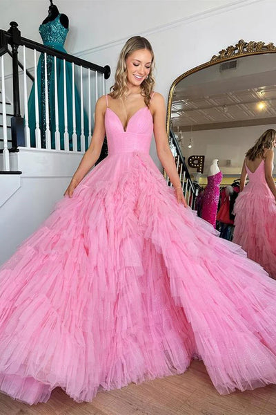 V Neck Open Back Pink Tulle Long Prom Dresses, V Neck Pink Formal Dresses, Long Pink Evening Dresses