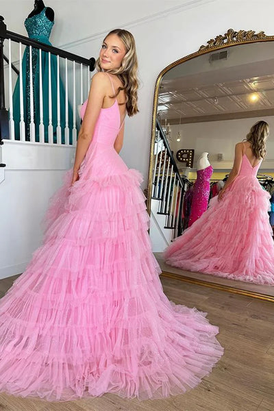 V Neck Open Back Pink Tulle Long Prom Dresses, V Neck Pink Formal Dresses, Long Pink Evening Dresses