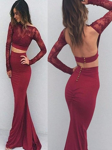 Sexy Mermaid Burgundy Backless Long Prom Dress With Long Sleeves, Backless Formal Dress, Burgundy Graduation Dress