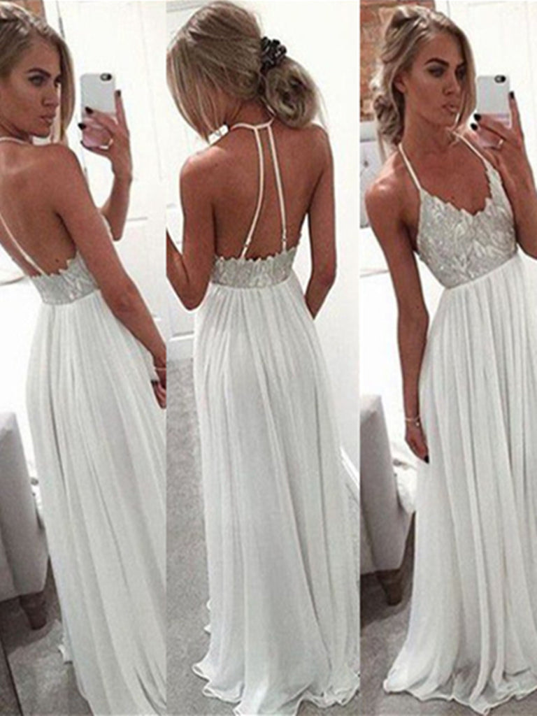 A Line Halter Neck White Backless Floor Length Chiffon Prom Dress, White Backless Formal Dress