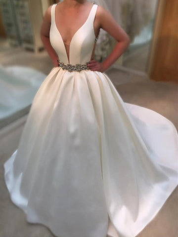 White Deep V Neck Backless Wedding Dress, Deep V Neck Prom Dress, Formal Dress