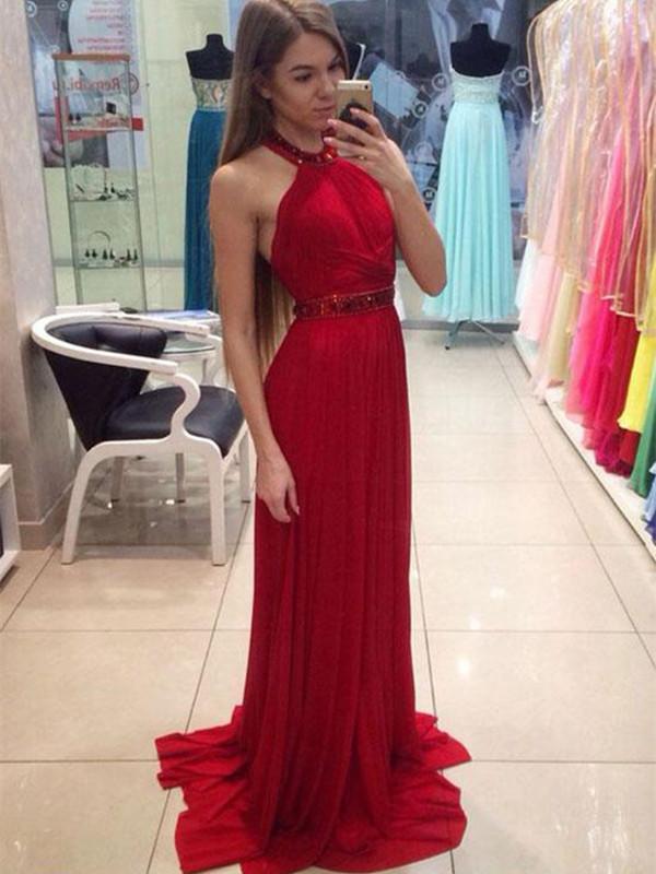 Custom Made Red Chiffon Long Prom Dress with Train, Red Formal Dress