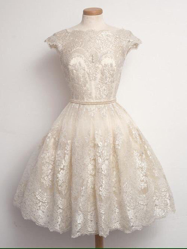 Custom Made Round Neck Cap Sleeves Short Ivory Lace Prom Dress, Short morievent Custom Made Round Neck Cap Sleeves Short Ivory Lace Prom Dress, Short morievent