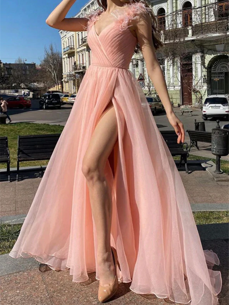 A Line Pink Tulle Long Prom Dresses With Leg Slit, Pink Tulle Long Formal Evening Dresses
