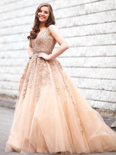 V Neck Champagne Lace Appliques Prom Dresses, V Neck Champagne Lace Formal Evening Graduation Dresses