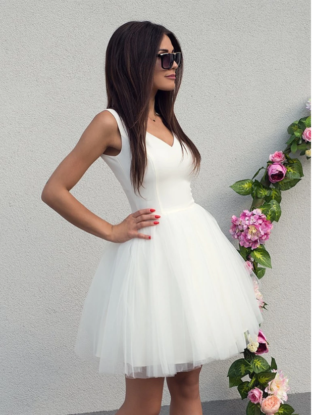 V Neck White Tulle Short Prom Dresses,  White Tulle Formal Homecoming Graduation Evening Dresses