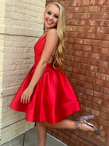 A Line V Neck Short Red Open Back Prom Dresses, Short Red Backless Formal Homecoming Dresses