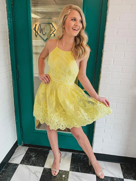 Yellow Tulle Lace Short Prom Dresses, Backless Tulle Lace Yellow Short Formal Evening Dresses