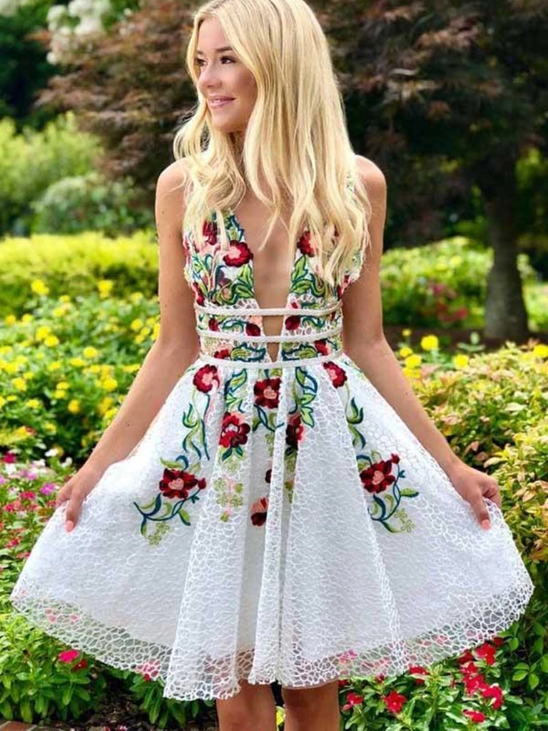 A Line V Neck Open Back White Lace Short Prom Dresses with Appliques, morievent A Line V Neck Open Back White Lace Short Prom Dresses with Appliques, morievent