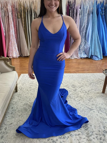 Mermaid V Neck Blue Backless Satin Long Prom Dresses, V Neck Blue Open Back Mermaid Satin Long Formal Evening Dresses