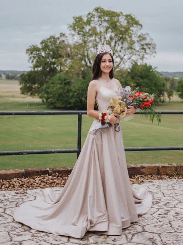 light pink elegant dresses A Line Light Pink Satin Long Prom Dresses, Pink Backless Satin Long Fo – morievent