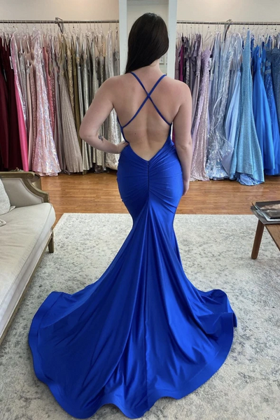 Mermaid V Neck Blue Backless Satin Long Prom Dresses, V Neck Blue Open Back Mermaid Satin Long Formal Evening Dresses