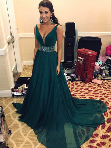 Dark Teal V Neck Prom Dress with Beaded Waistband, Dark Green Sleeveless Formal Dress