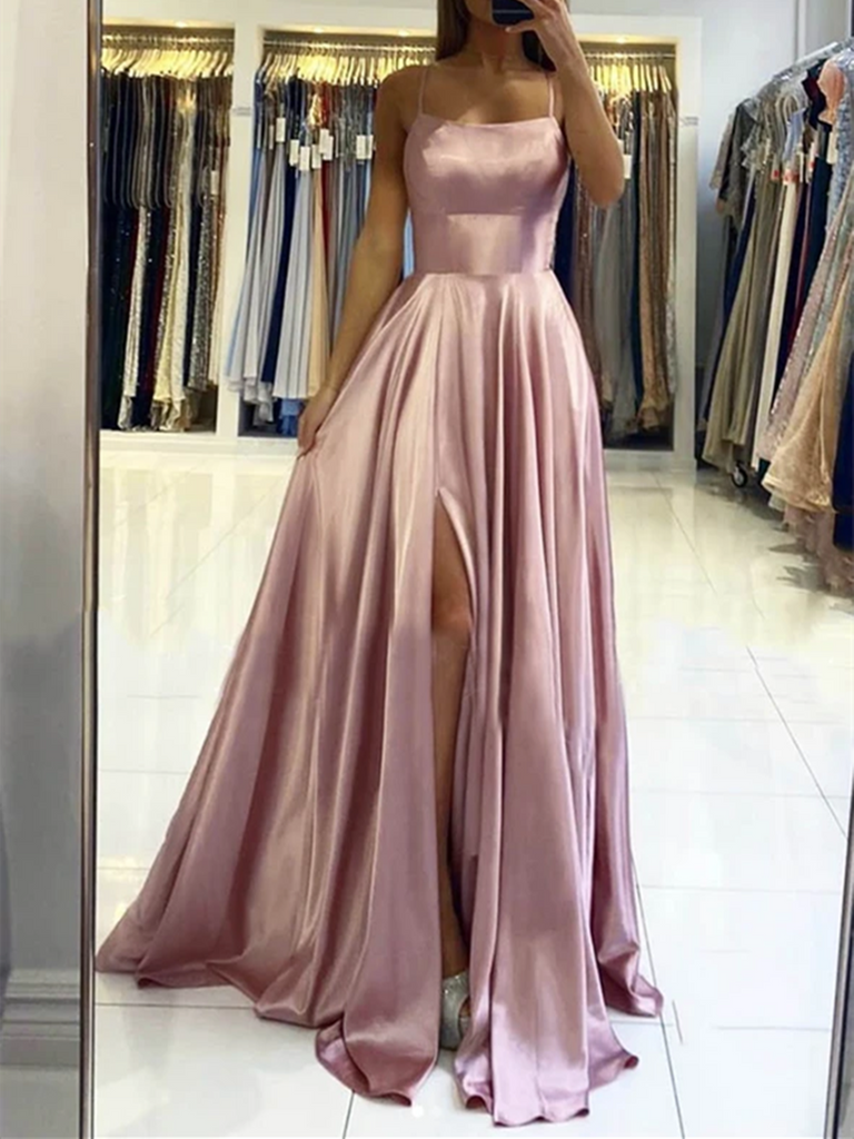 Simple Pink Satin Long Prom Dresses With Leg Slit, Pink Satin Long Formal Evening Dresses